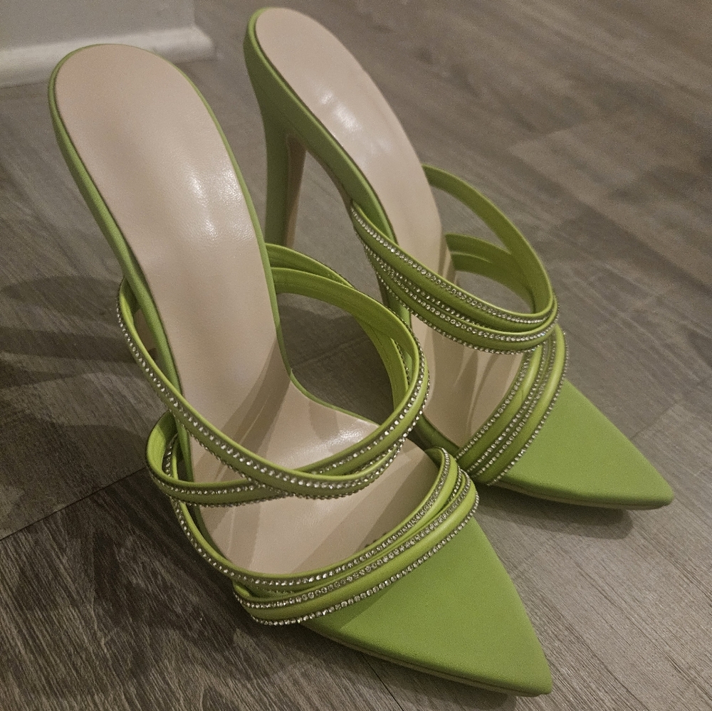 Green Diamond Crystal Strap Heels